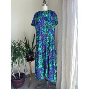 LUCI FELLINI Women's 16 Dress PURPLE GREEN HAWAIIAN FLORAL DRESS VTG 90S